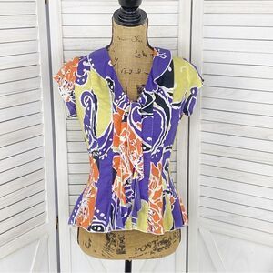 Sequel‎ Abstract Paisley Tie Neck Panel Button Front Shirt Purple Multi 8